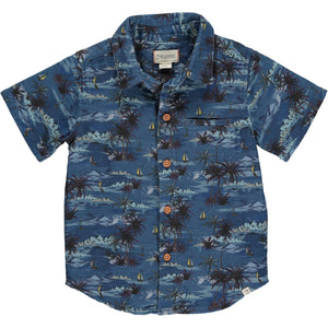 18-24mos, 6/7yrs, 7/8yrs Maui Blue Hawaiian Print Woven Button Down Aloha Shirt