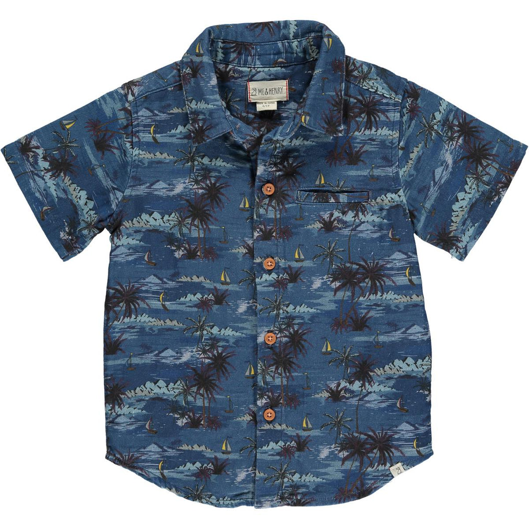 18-24mos, 6/7yrs, 7/8yrs Maui Blue Hawaiian Print Woven Button Down Aloha Shirt