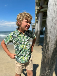 Maui Hawaiian Green Palm Print Woven Button Down Aloha Shirt