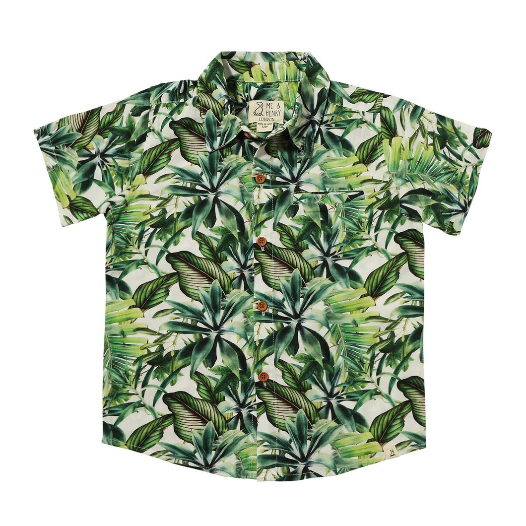 Maui Hawaiian Green Palm Print Woven Button Down Aloha Shirt