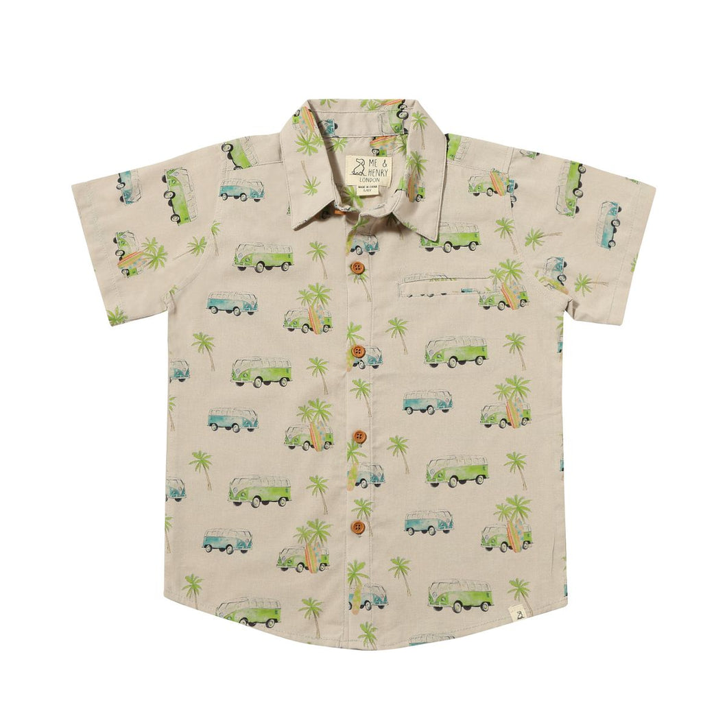 Maui Cream Hawaiian Grey Camper Van Print Woven Button Down Aloha Shirt