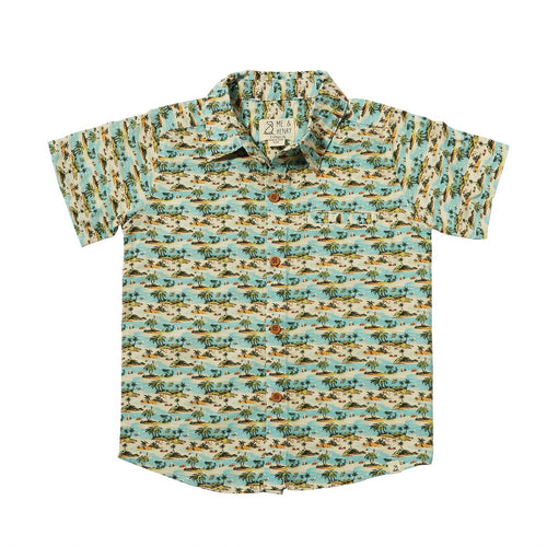 Maui Hawaiian Blue Islands Print Woven Button Down Aloha Shirt