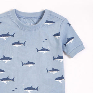 7yrs Sharks Print on Barely Blue Short Sleeved Pajama Set