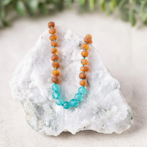 Aqua Sea Glass + Raw Cognac Baltic Authentic Certified Amber Necklace