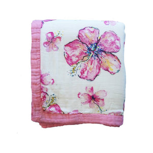 Hibiscus Kiss Hawaiian Bamboo and Cotton blend Throw Blanket