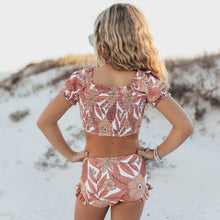Tan Tropical Print Ruched Shirred 2 Piece Swimsuit