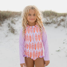 Lavender Aloha Surfboard Zip Rash Guard One Piece Swimsuit