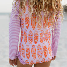 Lavender Aloha Surfboard Zip Rash Guard One Piece Swimsuit