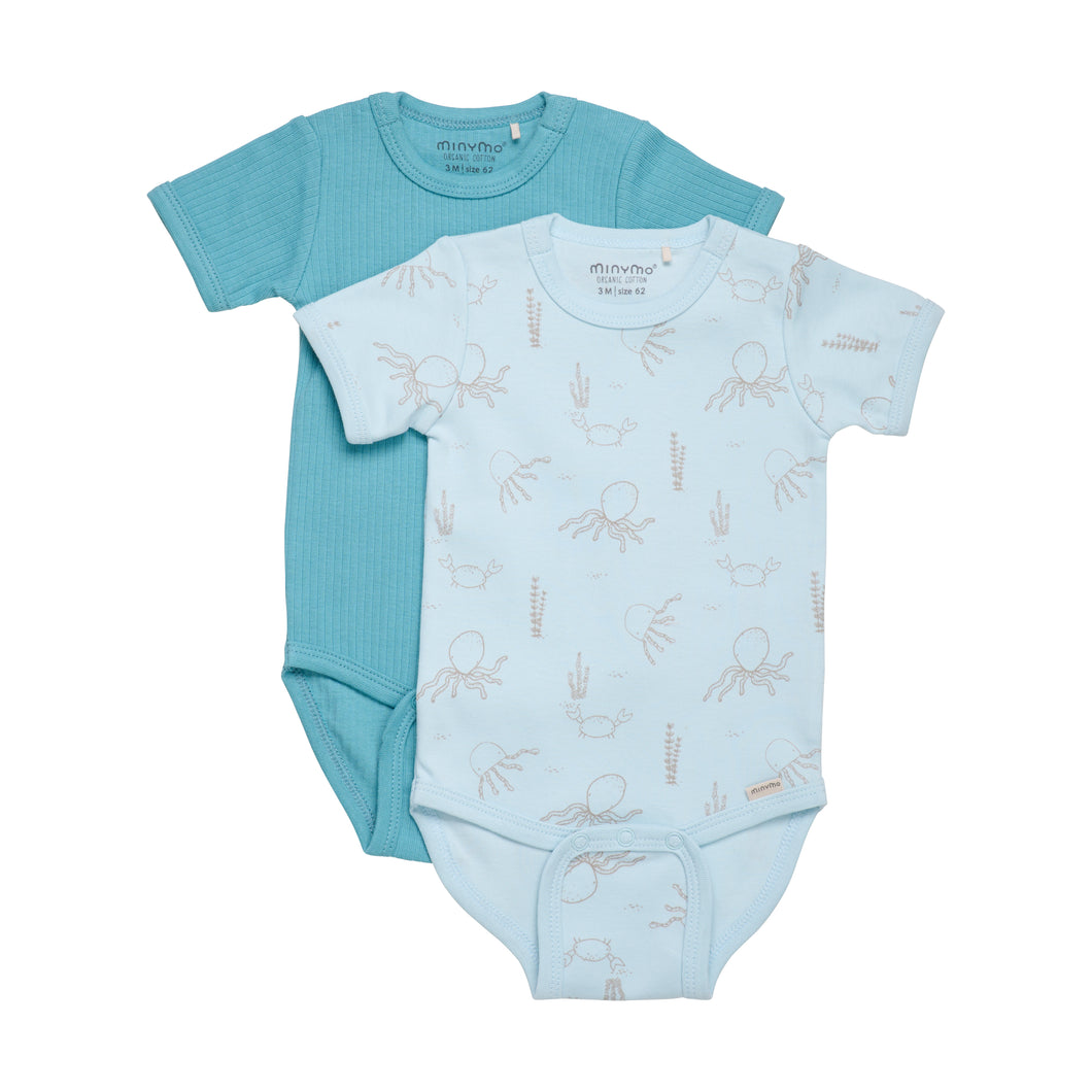 18mos - 2-Pack Organic Cotton Onesie (Ocean Print & Solid rib)