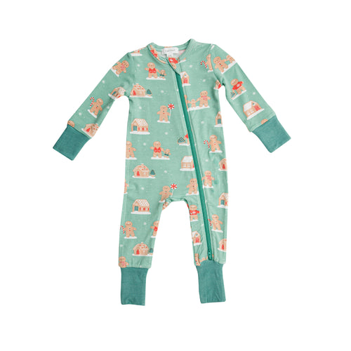 0-3mos - Green Gingerbread 2 Way Zipper Romper Coverall