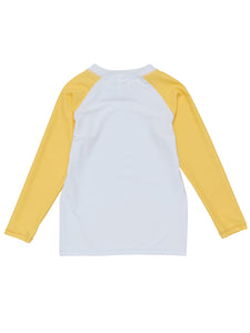 5-6yrs, 7-8yrs, 9-10yrs - Sustainable Long Sleeve Rash Top in White with Yellow Sleeves